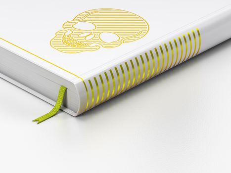 Medicine concept: closed book with Gold Scull icon on floor, white background, 3d render