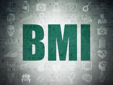 Medicine concept: Painted green text BMI on Digital Paper background with  Scheme Of Hand Drawn Medicine Icons