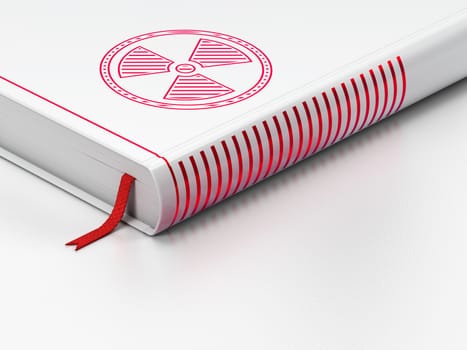 Science concept: closed book with Red Radiation icon on floor, white background, 3d render