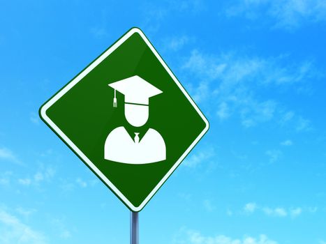 Science concept: Student on green road (highway) sign, clear blue sky background, 3d render