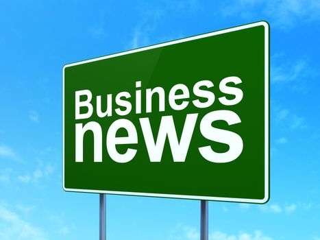 News concept: Business News on green road (highway) sign, clear blue sky background, 3d render