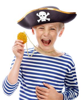 Close up portrait of angry pirate shouting. Isolated on white background