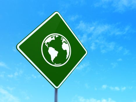 Studying concept: Globe on green road (highway) sign, clear blue sky background, 3d render