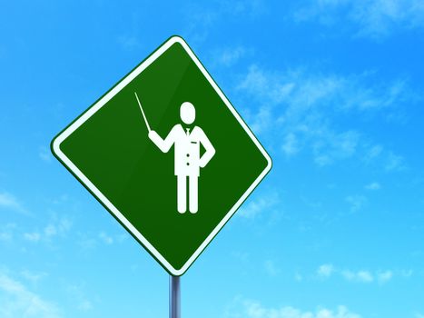 Studying concept: Teacher on green road (highway) sign, clear blue sky background, 3d render