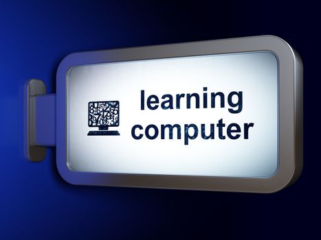 Studying concept: Learning Computer and Computer Pc on advertising billboard background, 3d render