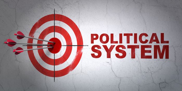 Success politics concept: arrows hitting the center of target, Red Political System on wall background