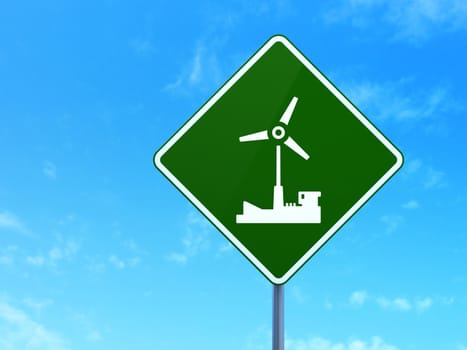 Industry concept: Windmill on green road (highway) sign, clear blue sky background, 3d render