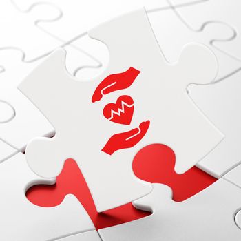 Insurance concept: Heart And Palm on White puzzle pieces background, 3d render