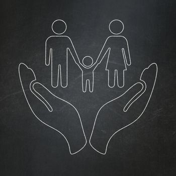 Insurance concept: Family And Palm icon on Black chalkboard background