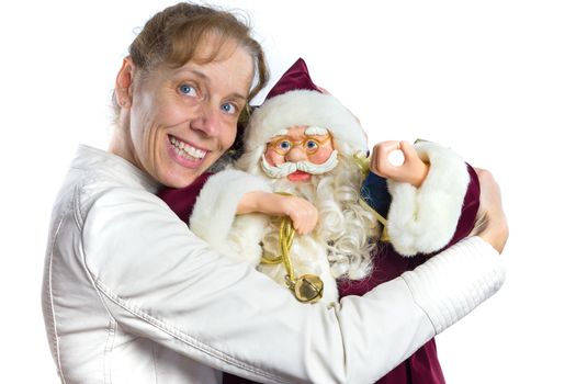 European woman embracing model of Santa Claus isolated on white background