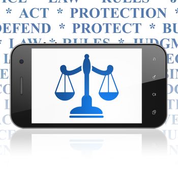 Law concept: Smartphone with  blue Scales icon on display,  Tag Cloud background