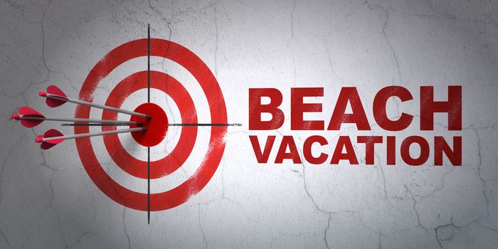 Success vacation concept: arrows hitting the center of target, Red Beach Vacation on wall background