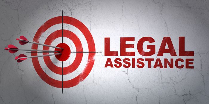 Success law concept: arrows hitting the center of target, Red Legal Assistance on wall background