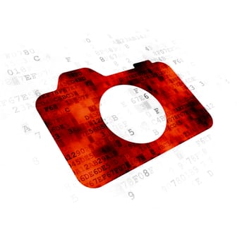 Travel concept: Pixelated red Photo Camera icon on Digital background