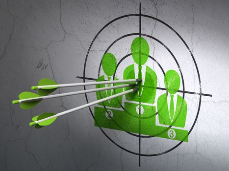 Success law concept: arrows hitting the center of Green Business Team target on wall background
