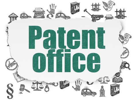 Law concept: Painted green text Patent Office on Torn Paper background with  Hand Drawn Law Icons