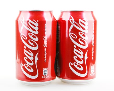 AYTOS, BULGARIA - OCTOBER 04, 2015: Coca-Cola isolated on white background. Coca-Cola is a carbonated soft drink sold in stores, restaurants, and vending machines throughout the world.