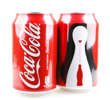 AYTOS, BULGARIA - OCTOBER 04, 2015: Coca-Cola isolated on white background. Coca-Cola is a carbonated soft drink sold in stores, restaurants, and vending machines throughout the world.