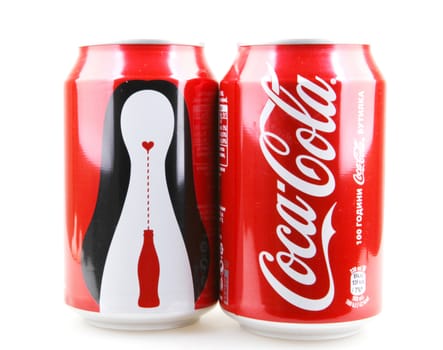 AYTOS, BULGARIA - OCTOBER 04, 2015: Coca-Cola isolated on white background. Coca-Cola is a carbonated soft drink sold in stores, restaurants, and vending machines throughout the world.