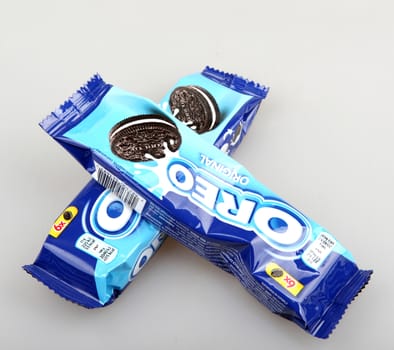AYTOS, BULGARIA - OCTOBER 04, 2015: Oreo isolated on white background. Oreo is a sandwich cookie consisting of two chocolate disks with a sweet cream filling in between.