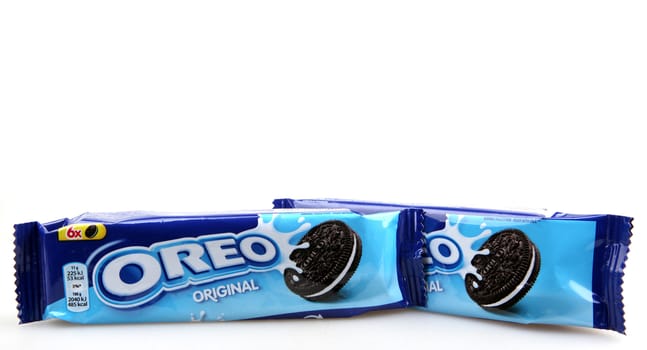 AYTOS, BULGARIA - OCTOBER 04, 2015: Oreo isolated on white background. Oreo is a sandwich cookie consisting of two chocolate disks with a sweet cream filling in between.