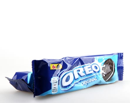 AYTOS, BULGARIA - OCTOBER 04, 2015: Oreo isolated on white background. Oreo is a sandwich cookie consisting of two chocolate disks with a sweet cream filling in between.