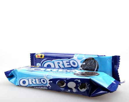 AYTOS, BULGARIA - OCTOBER 04, 2015: Oreo isolated on white background. Oreo is a sandwich cookie consisting of two chocolate disks with a sweet cream filling in between.