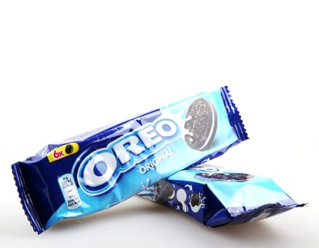 AYTOS, BULGARIA - OCTOBER 04, 2015: Oreo isolated on white background. Oreo is a sandwich cookie consisting of two chocolate disks with a sweet cream filling in between.