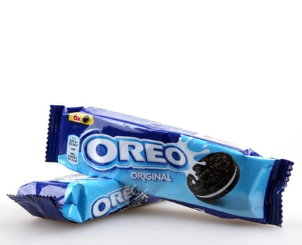 AYTOS, BULGARIA - OCTOBER 04, 2015: Oreo isolated on white background. Oreo is a sandwich cookie consisting of two chocolate disks with a sweet cream filling in between.