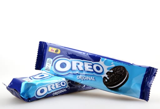 AYTOS, BULGARIA - OCTOBER 04, 2015: Oreo isolated on white background. Oreo is a sandwich cookie consisting of two chocolate disks with a sweet cream filling in between.