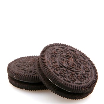 AYTOS, BULGARIA - OCTOBER 04, 2015: Oreo isolated on white background. Oreo is a sandwich cookie consisting of two chocolate disks with a sweet cream filling in between.