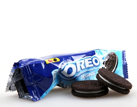 AYTOS, BULGARIA - OCTOBER 04, 2015: Oreo isolated on white background. Oreo is a sandwich cookie consisting of two chocolate disks with a sweet cream filling in between.