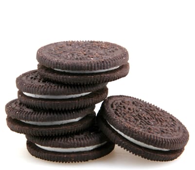 AYTOS, BULGARIA - OCTOBER 04, 2015: Oreo isolated on white background. Oreo is a sandwich cookie consisting of two chocolate disks with a sweet cream filling in between.