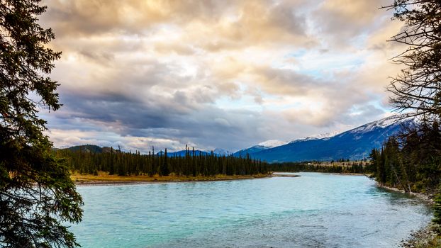 Daybreak over the Athabasca River near the town of Jasper in Jasper National Park in the Canadian Rocky Mountains