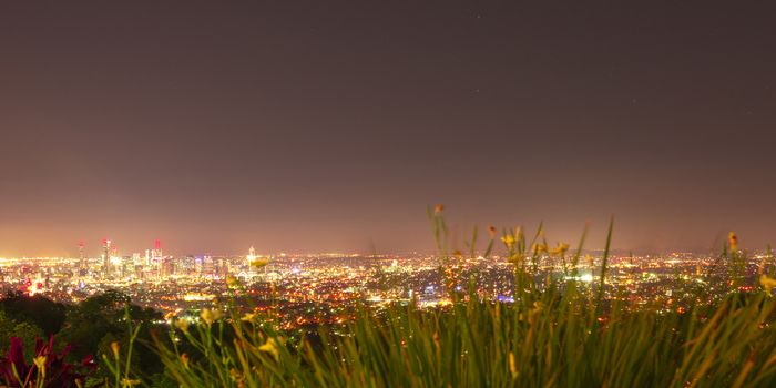 View of Brisbane City from Mount Coot-tha at night. Queensland, Australia.