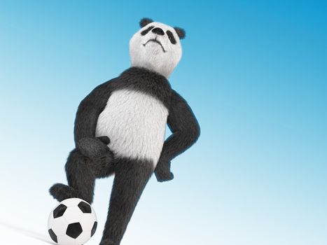 arrogant football player character proudly puffed out his chest, leaned a paw on his knee, the other leg rested against the stomach and stands with one foot on the ball. on blue sky background