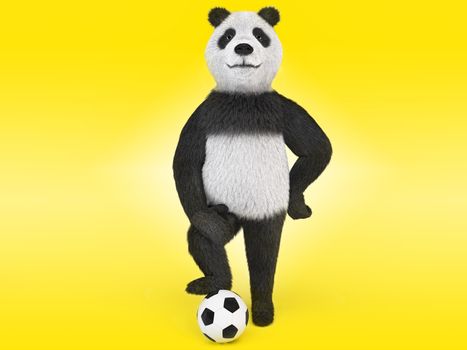 arrogant football player character proudly puffed out his chest, leaned a paw on his knee, the other leg rested against the stomach and stands with one foot on the ball. on yellow background