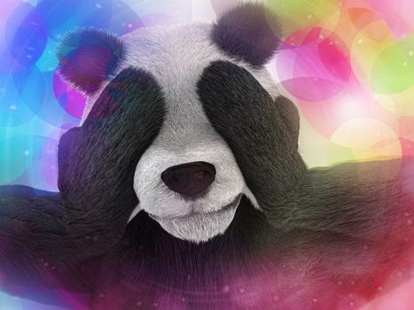 sick character panda bamboo junkie experiencing strong hallucinations and fear closes the muzzle paws. Psychedelic condition of the animal.