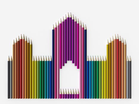Colored pencils arranged in a castle, on white background, art object