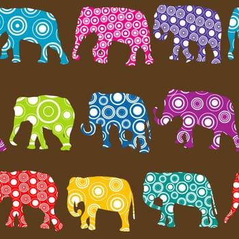 Colorful seamless pattern with ornate patterned elephants