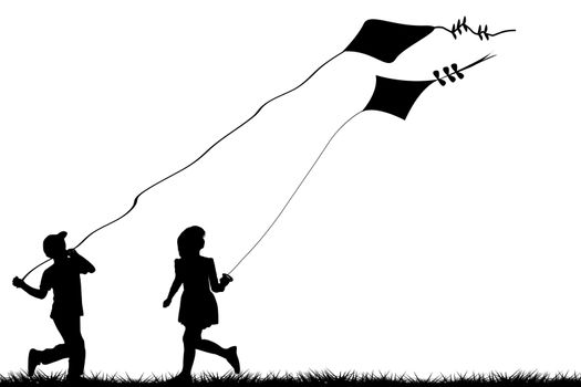 Silhouettes of children flying kites