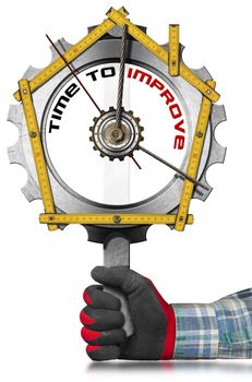 Hand with work glove holding a metal sign in the shape of gear (clock) with a meter ruler in the shape of house and text Time to Improve.