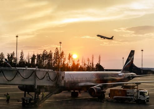 fragment of Sheremetyevo Airport at sunset summer