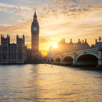 Big Ben clock tower at sunset, London, UK. 