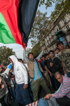 FRANCE, Paris: Several thousands of people gathered in a rally in support of refugees to claim free movement for migrants, in Paris, on October 4th, 2015. 