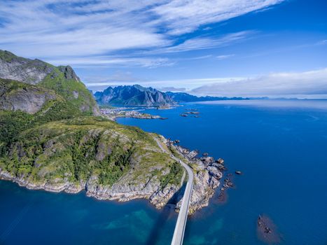 Aerial view of scenic coastal road on Lofoten in Norway, on Moskenes island near Reine