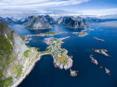 Scenic aerial view of Reine, picturesque fishing village on Lofoten islands in Norway