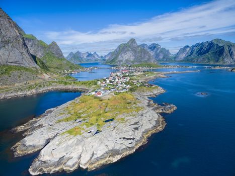 Scenic aerial view of Reine, picturesque fishing village on Lofoten islands in arctic Norway