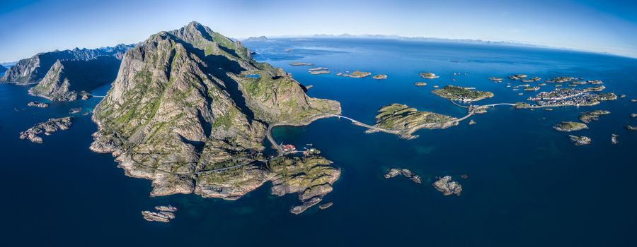 Scenic aerial view of picturesque fishing town Henningsvaer on Lofoten islands, Norway