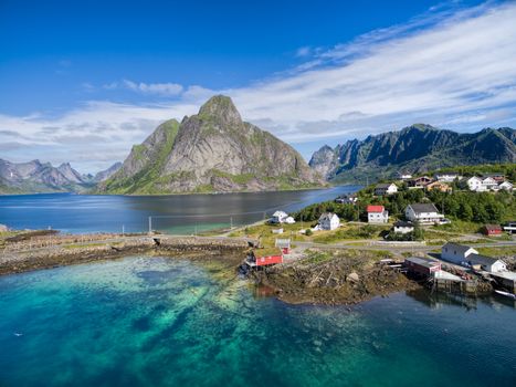 Scenic aerial view of Reine, picturesque fishing village on Lofoten islands in Norway